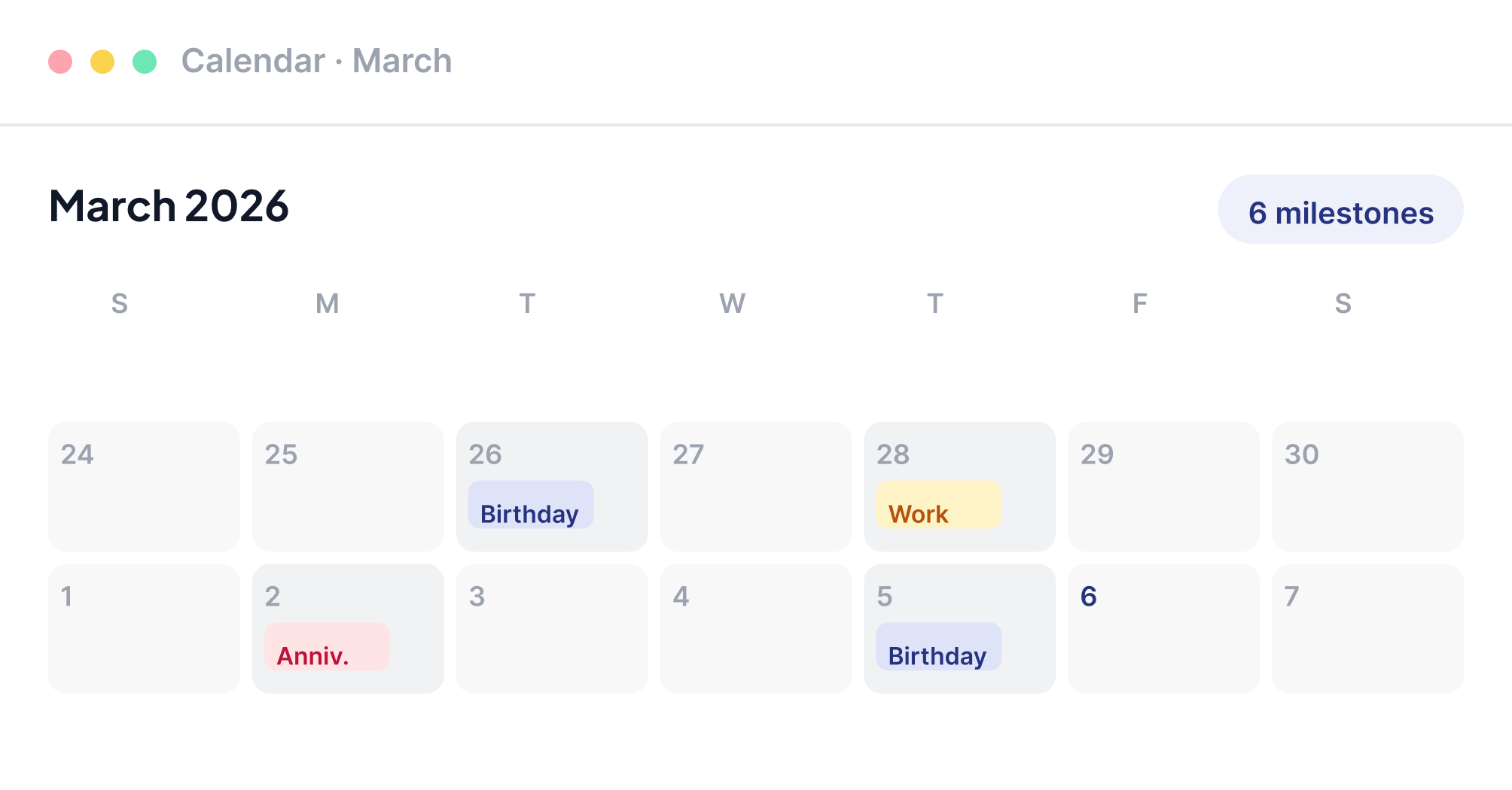 Calendar view of client milestones