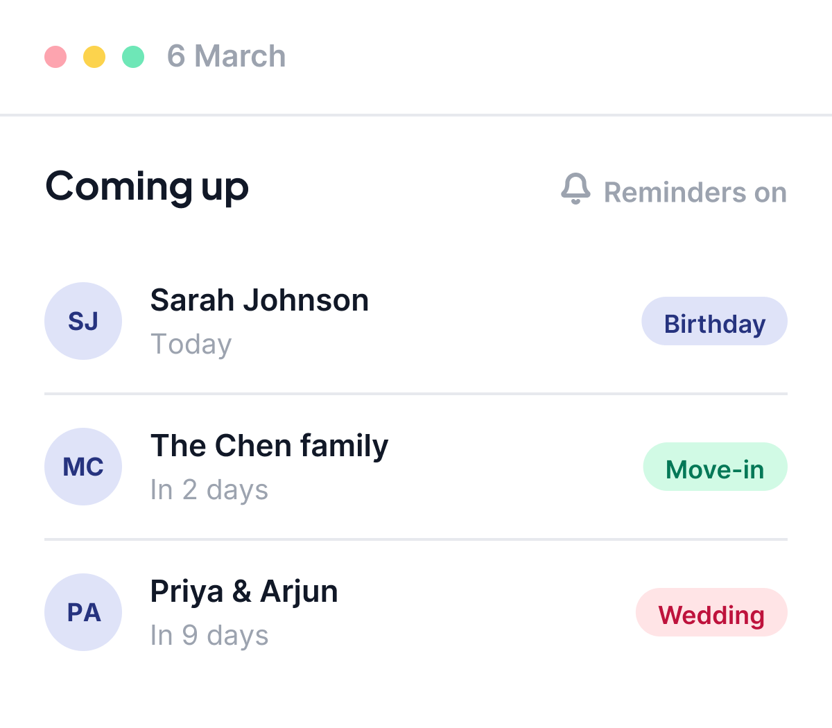 Coming up list of client milestones