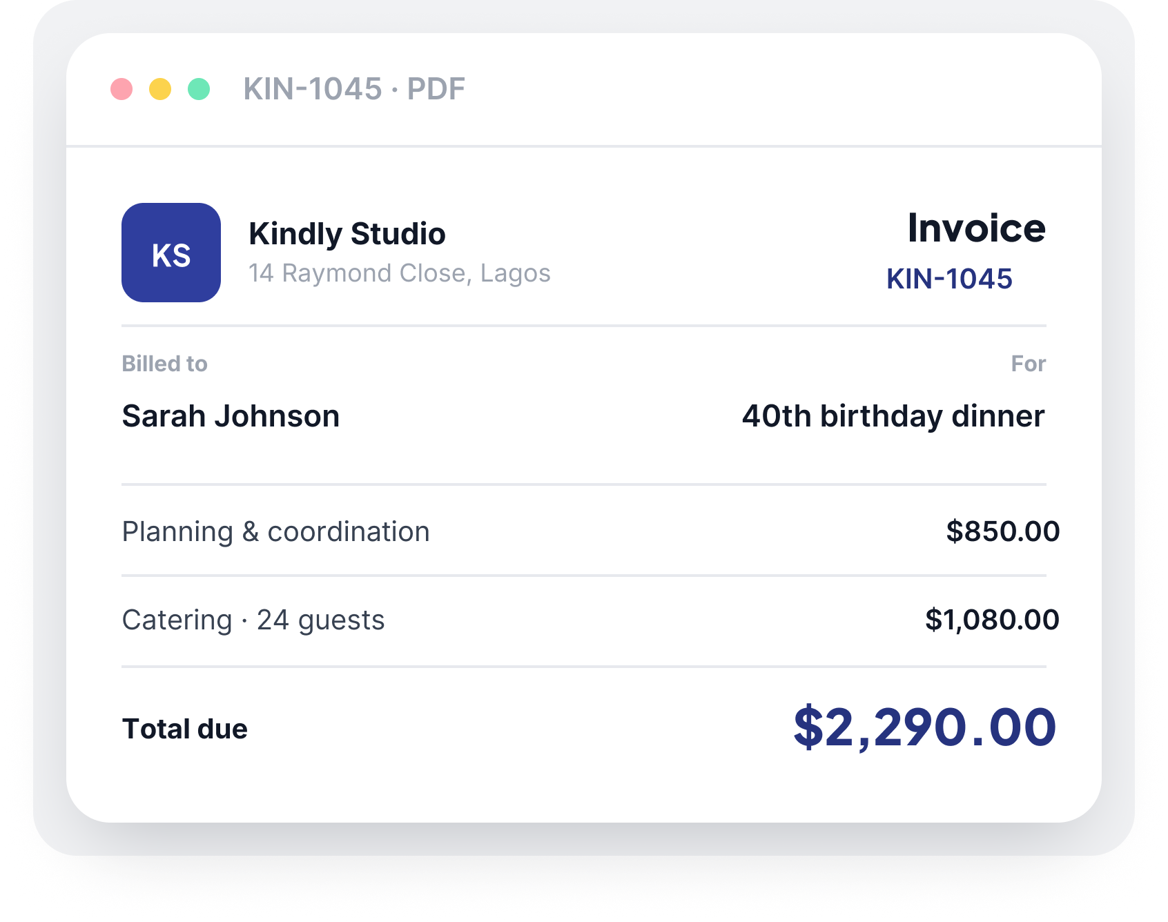 An invoice generated for a client event