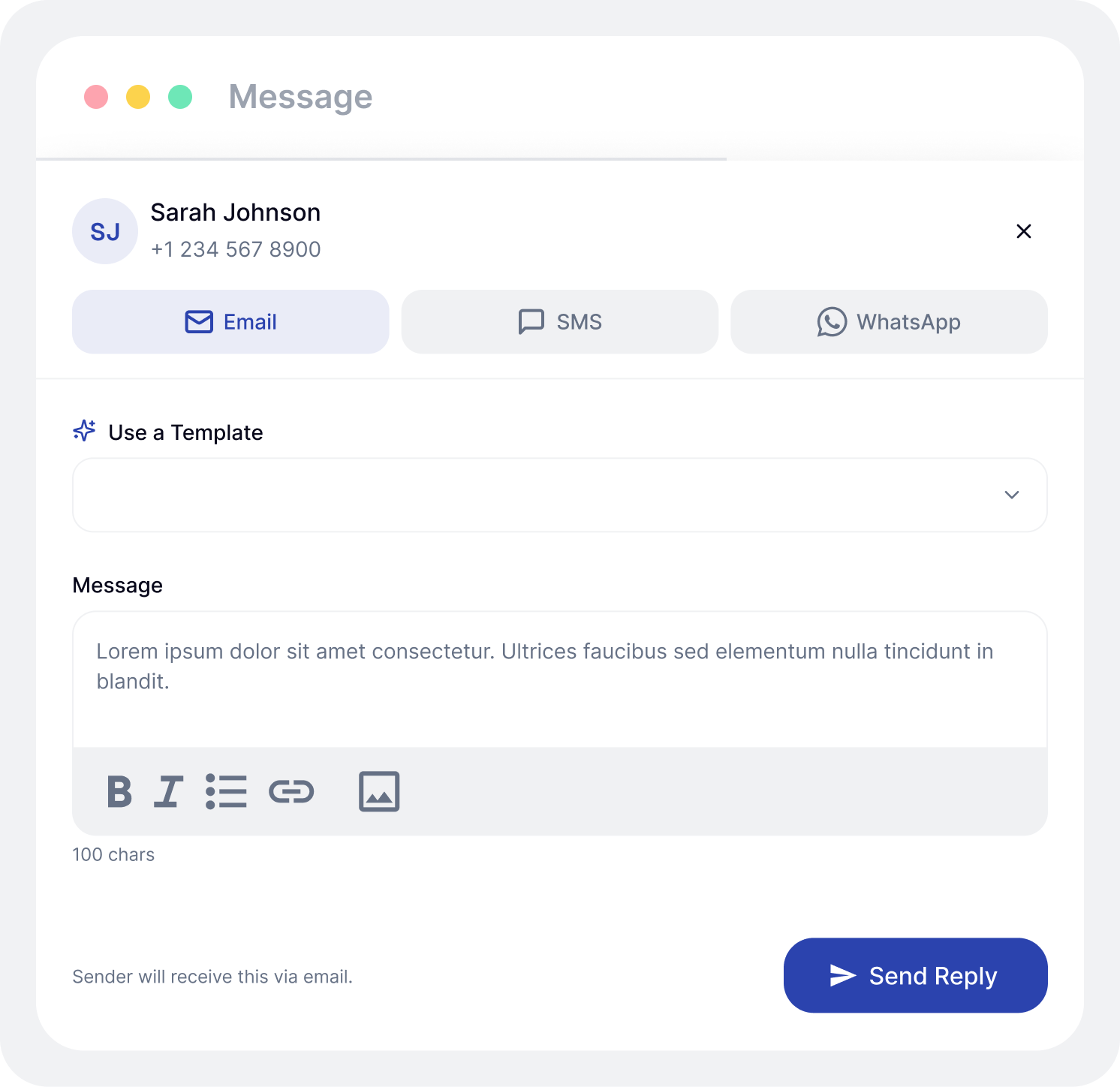 A message composer with template and channel selection
